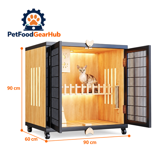 PetFoodGearHub Mesh-Door Cat Enclosure B3,  Natural Wood - product view