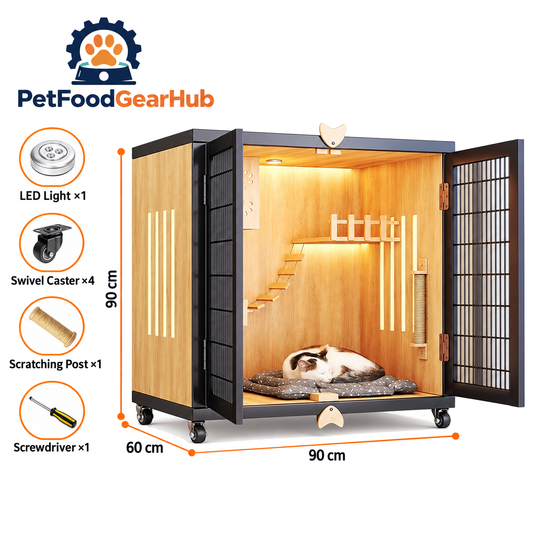 PetFoodGearHub Mesh-Door Cat Enclosure B3,  Natural Wood - product view