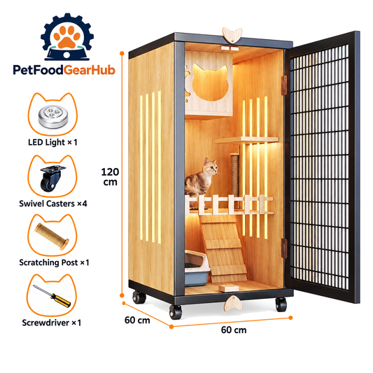 PetFoodGearHub Mesh-Door Cat Enclosure B2,  Natural Wood - product view