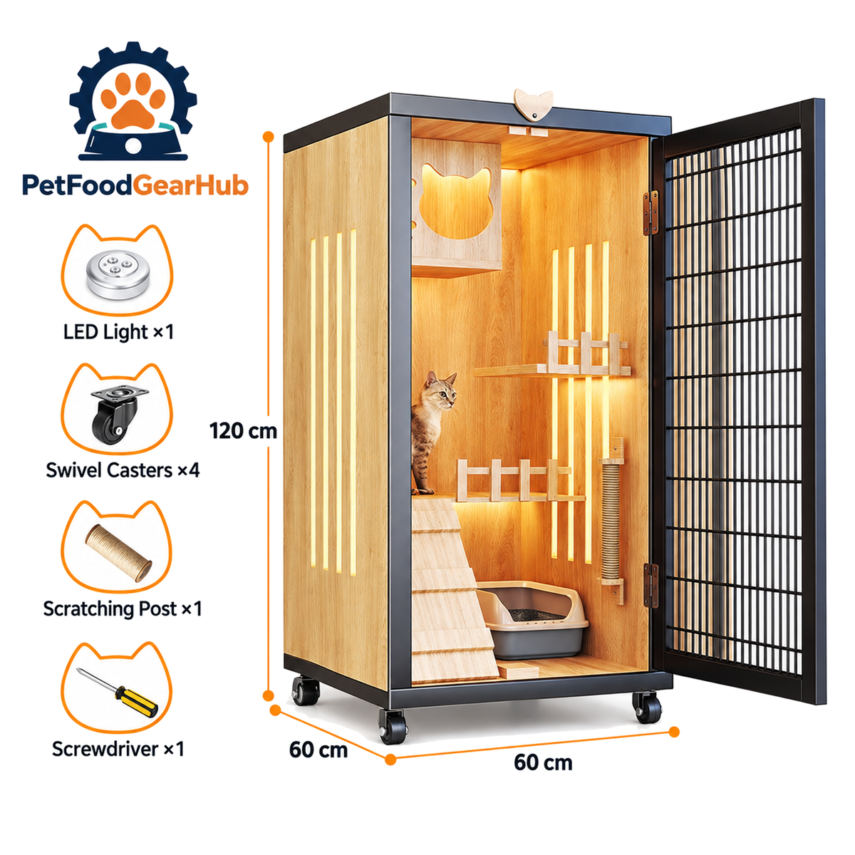 PetFoodGearHub Mesh-Door Cat Enclosure B2,  Natural Wood - product view
