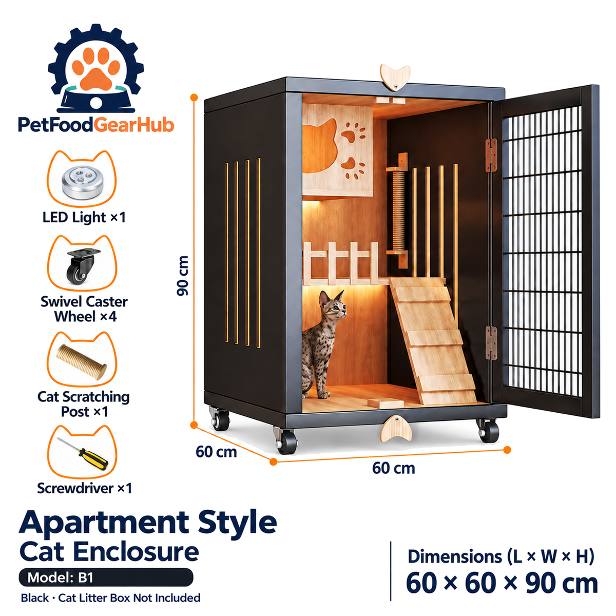 PetFoodGearHub Mesh-Door Cat Enclosure B1,  Black - product view