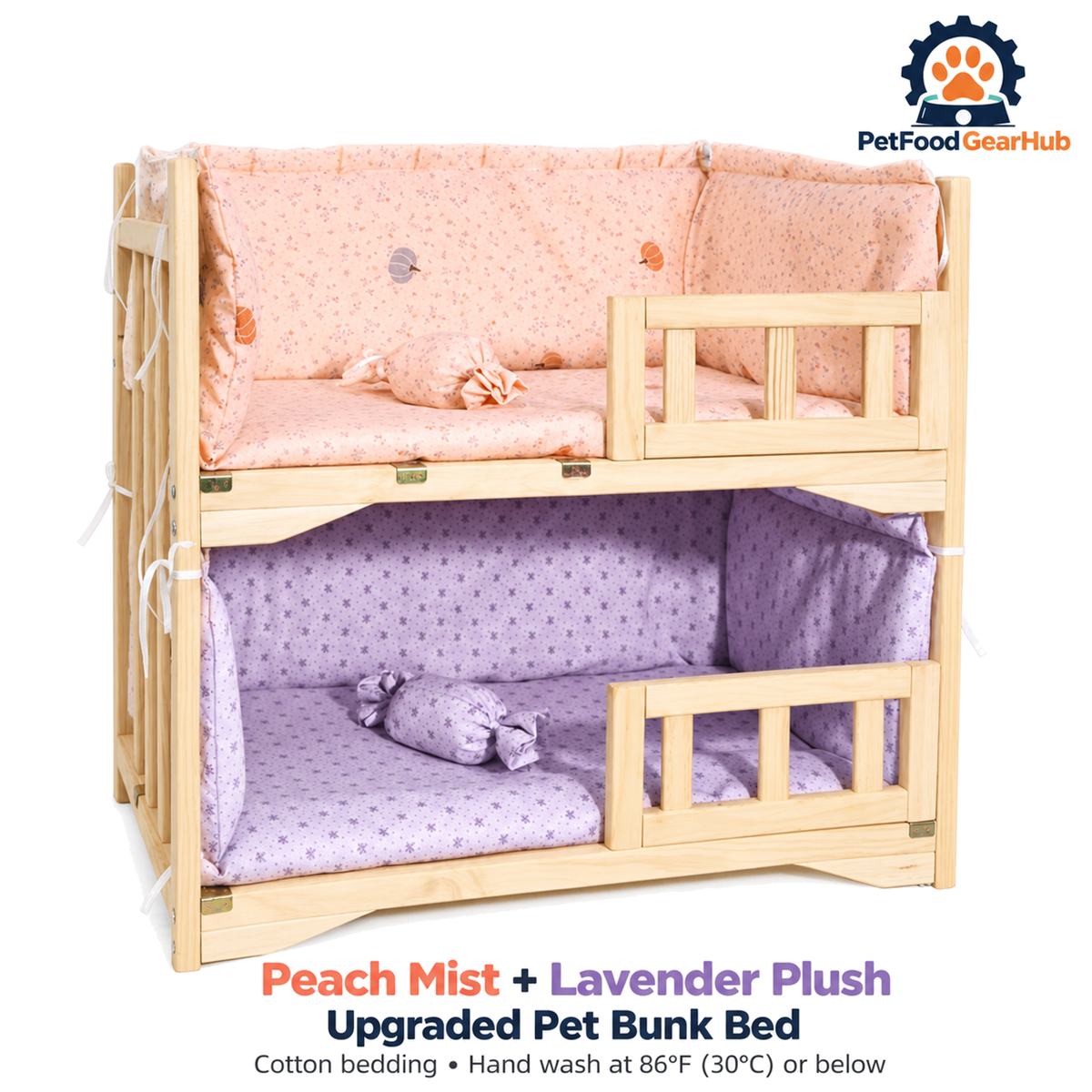 PetFoodGearHub upgraded wooden pet bunk bed with peach and lavender bedding