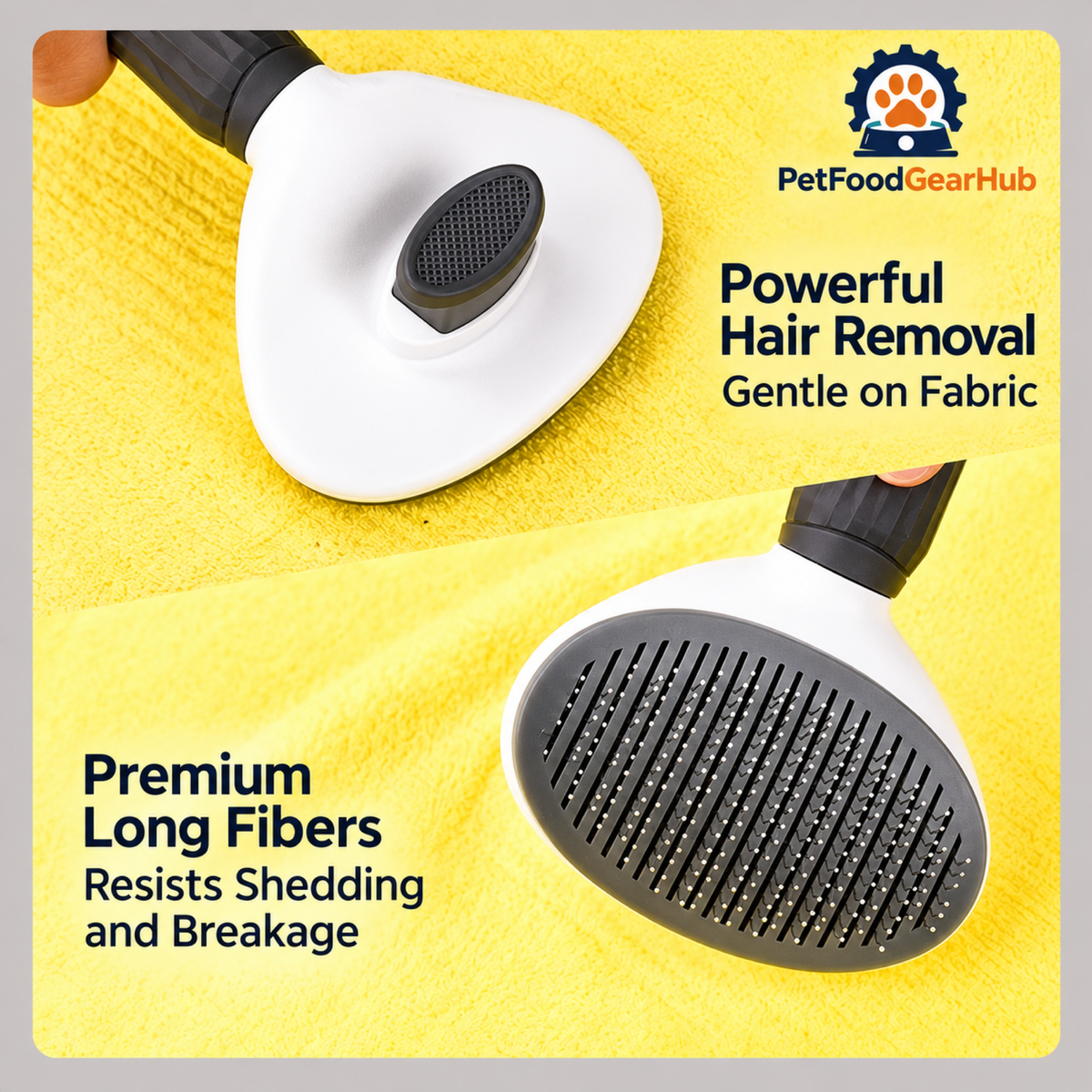 PetFoodGearHub pet hair removal brush on a yellow bath towel
