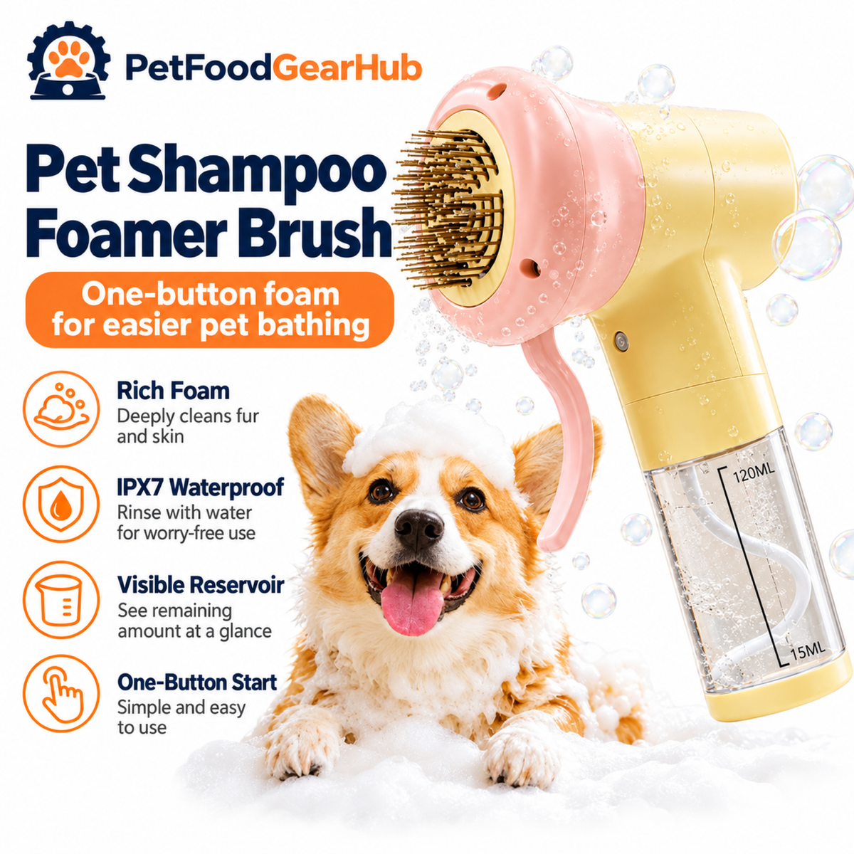 PetFoodGearHub Pink and yellow pet shampoo foamer brush with visible reservoir
