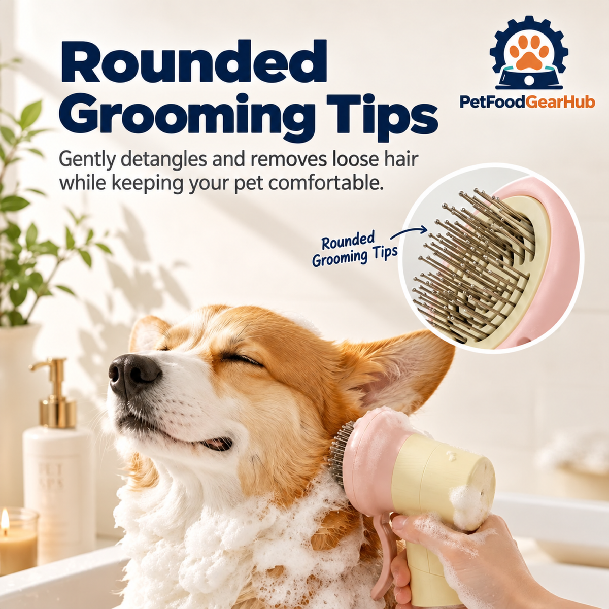 PetFoodGearHub Rounded grooming pins on a pet foamer brush