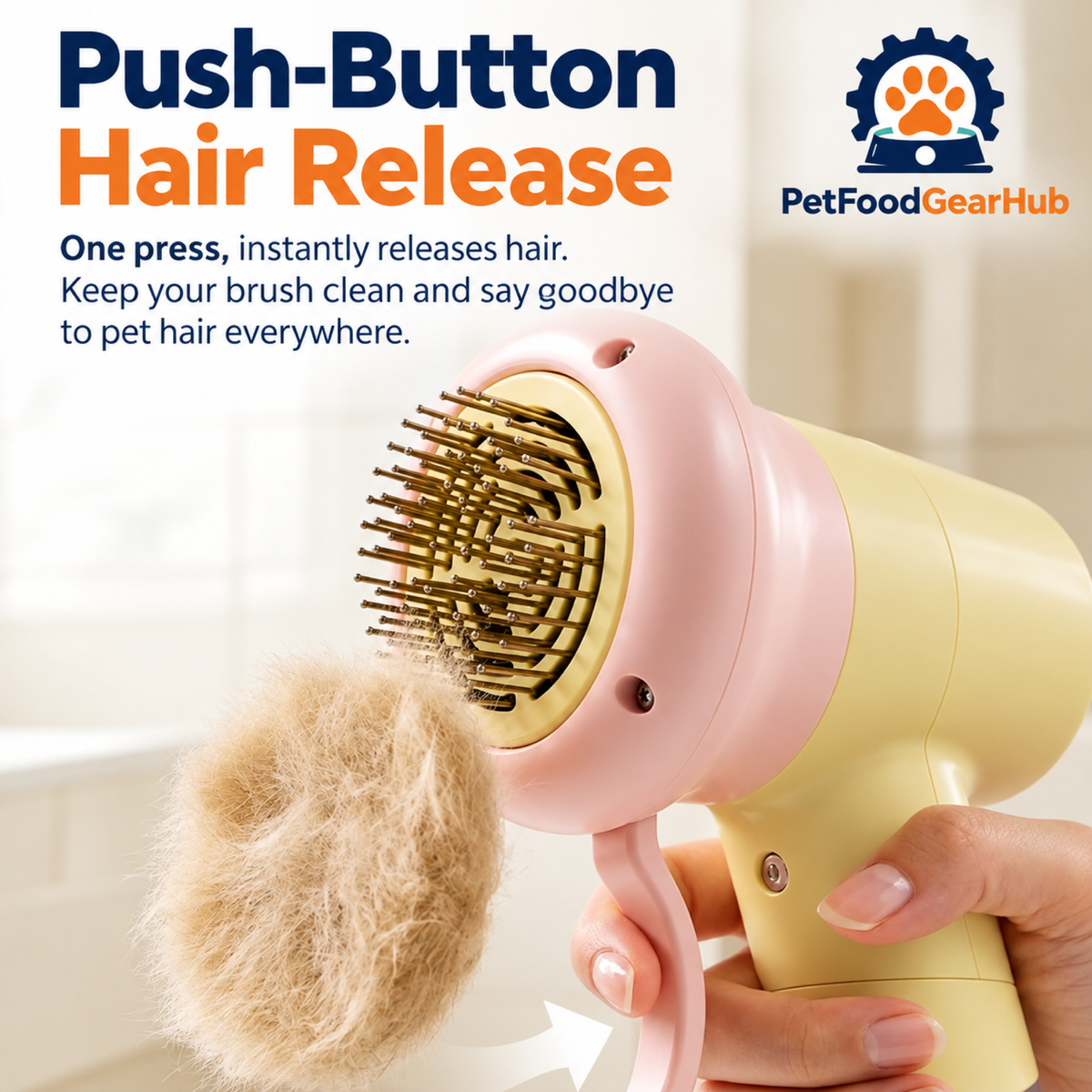 PetFoodGearHub Push-button hair release on a pet grooming brush