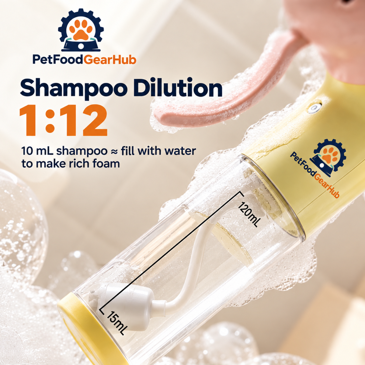 PetFoodGearHub Shampoo dilution guide for a pet foamer brush