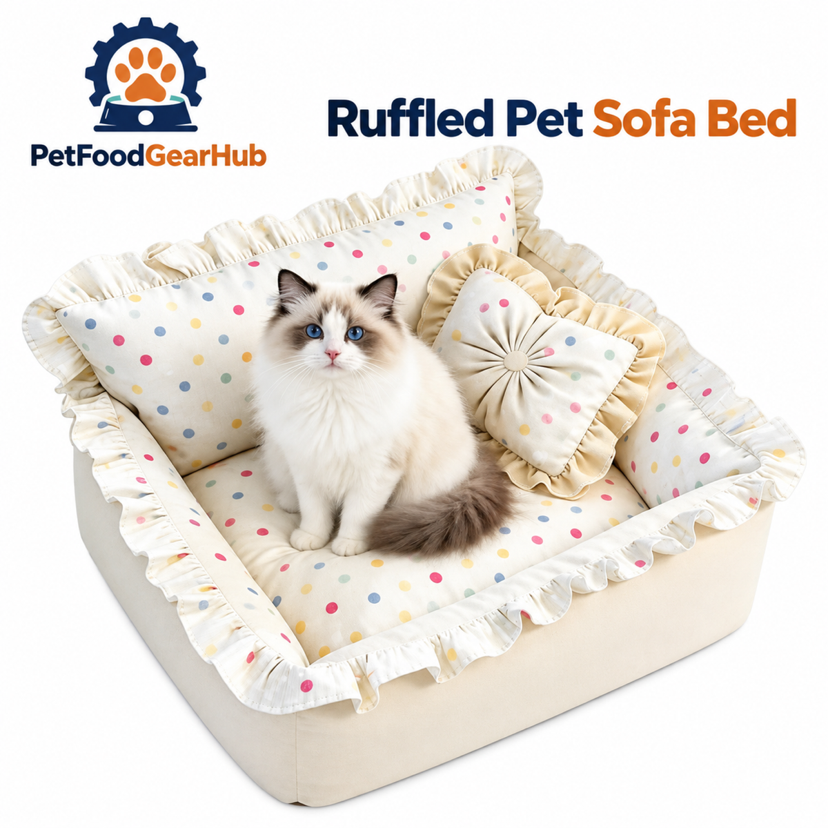 PetFoodGearHub Beige ruffled pet sofa bed with patterned cover