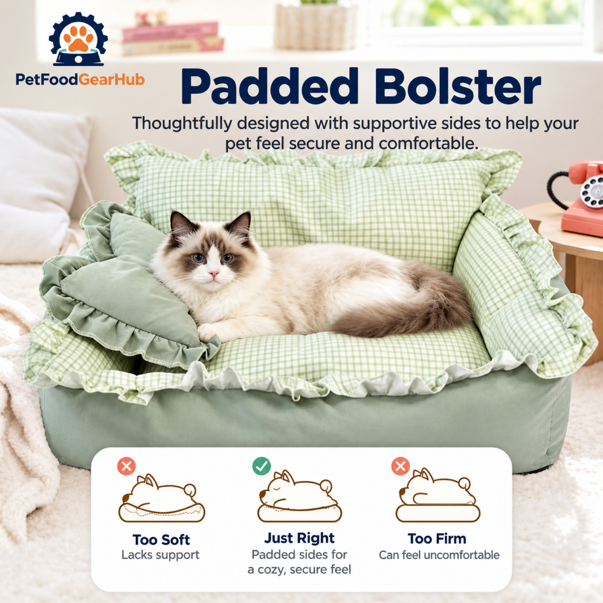 PetFoodGearHub Padded bolster construction of a green ruffled pet bed