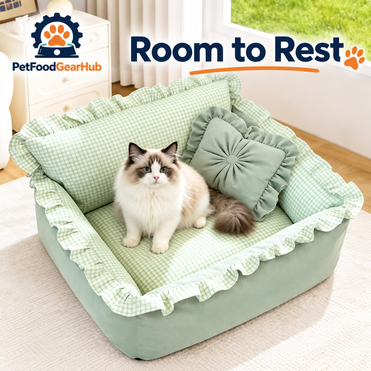 PetFoodGearHub Cat resting on a green ruffled pet sofa