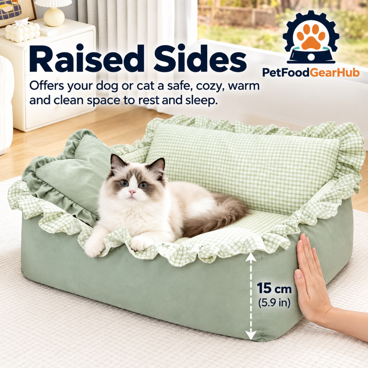 PetFoodGearHub Green ruffled pet bed with 15 cm raised side