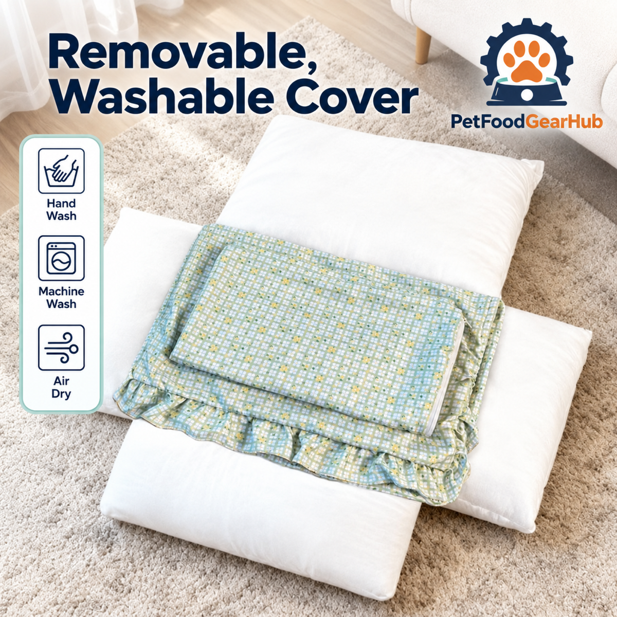 PetFoodGearHub Removable green checkered pet bed cover and cushions