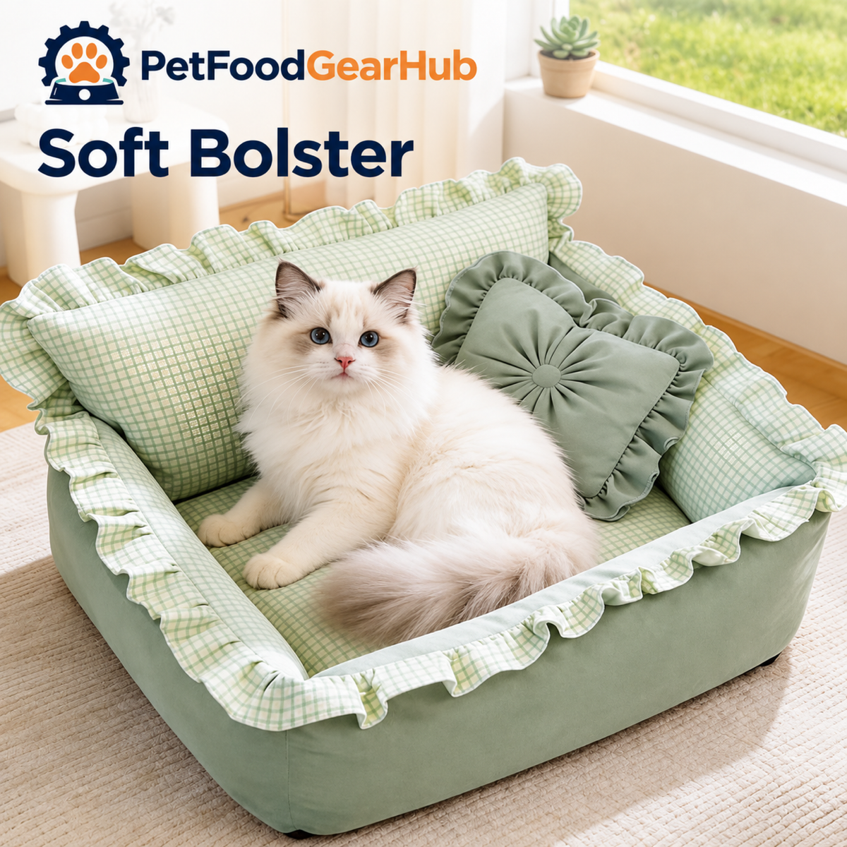 PetFoodGearHub Cat resting against a soft pet bed bolster