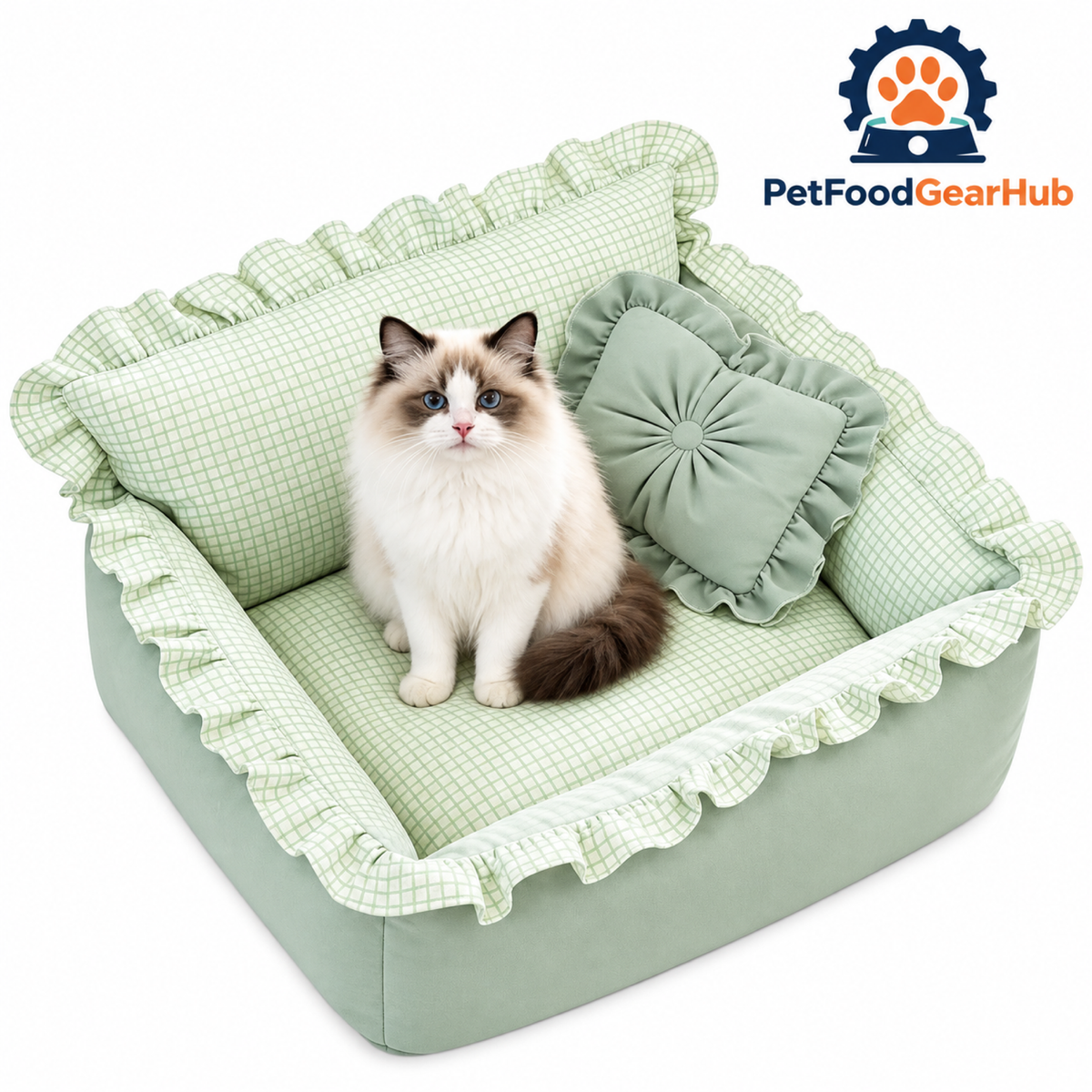 PetFoodGearHub Green ruffled pet sofa bed and matching cushions