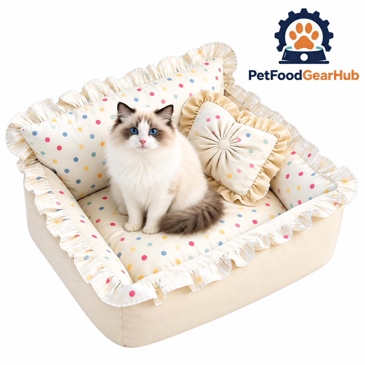 PetFoodGearHub Beige ruffled pet sofa bed and matching cushions