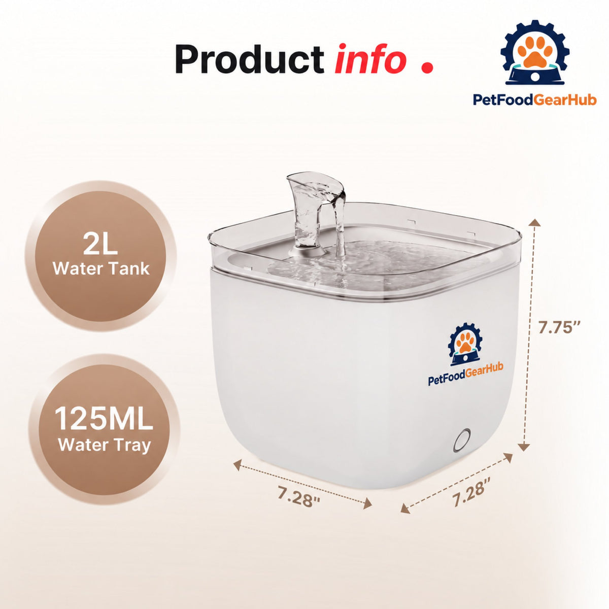PetFoodGearHub Light Youth Cat Water Fountain with Stainless Steel Tray - Product dimensions