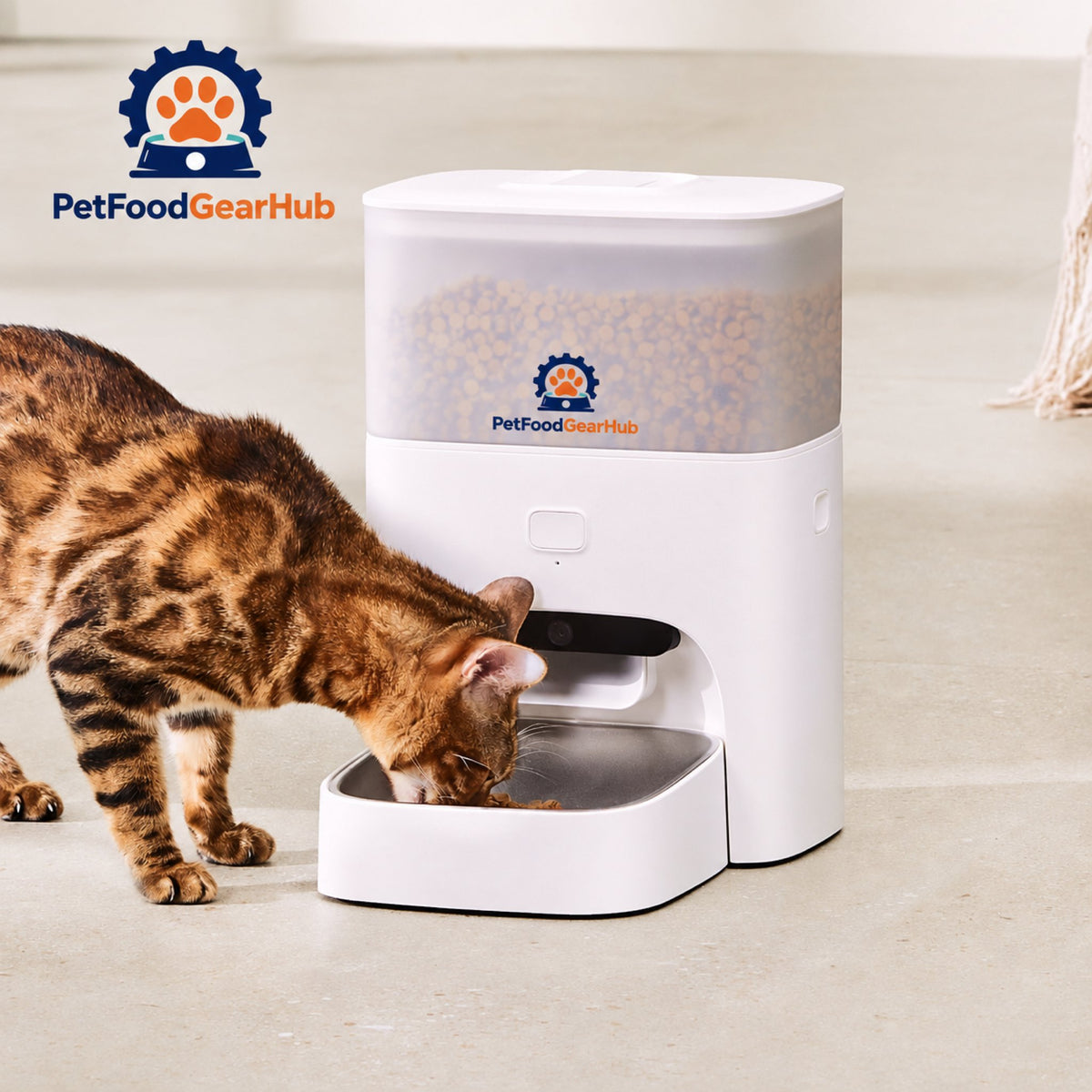 PetFoodGearHub M3 Pro Automatic Cat Feeder with Camera, 4.4 L - Cat eating from the feeder