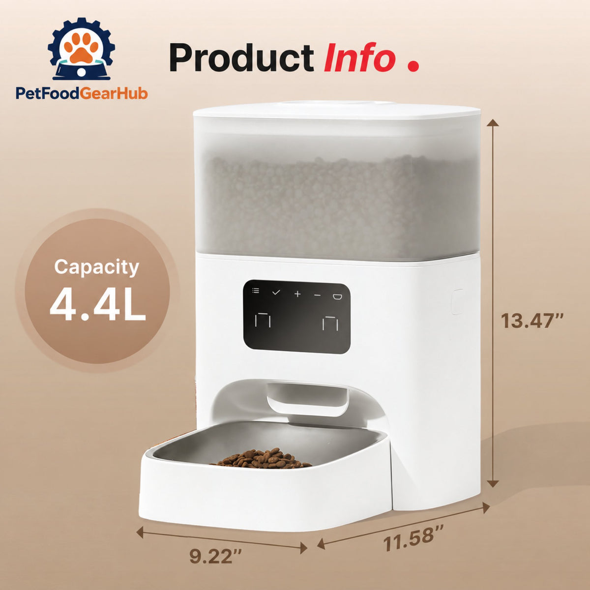PetFoodGearHub M2 Programmable Automatic Cat Feeder, 4.4 L - Capacity and dimensions