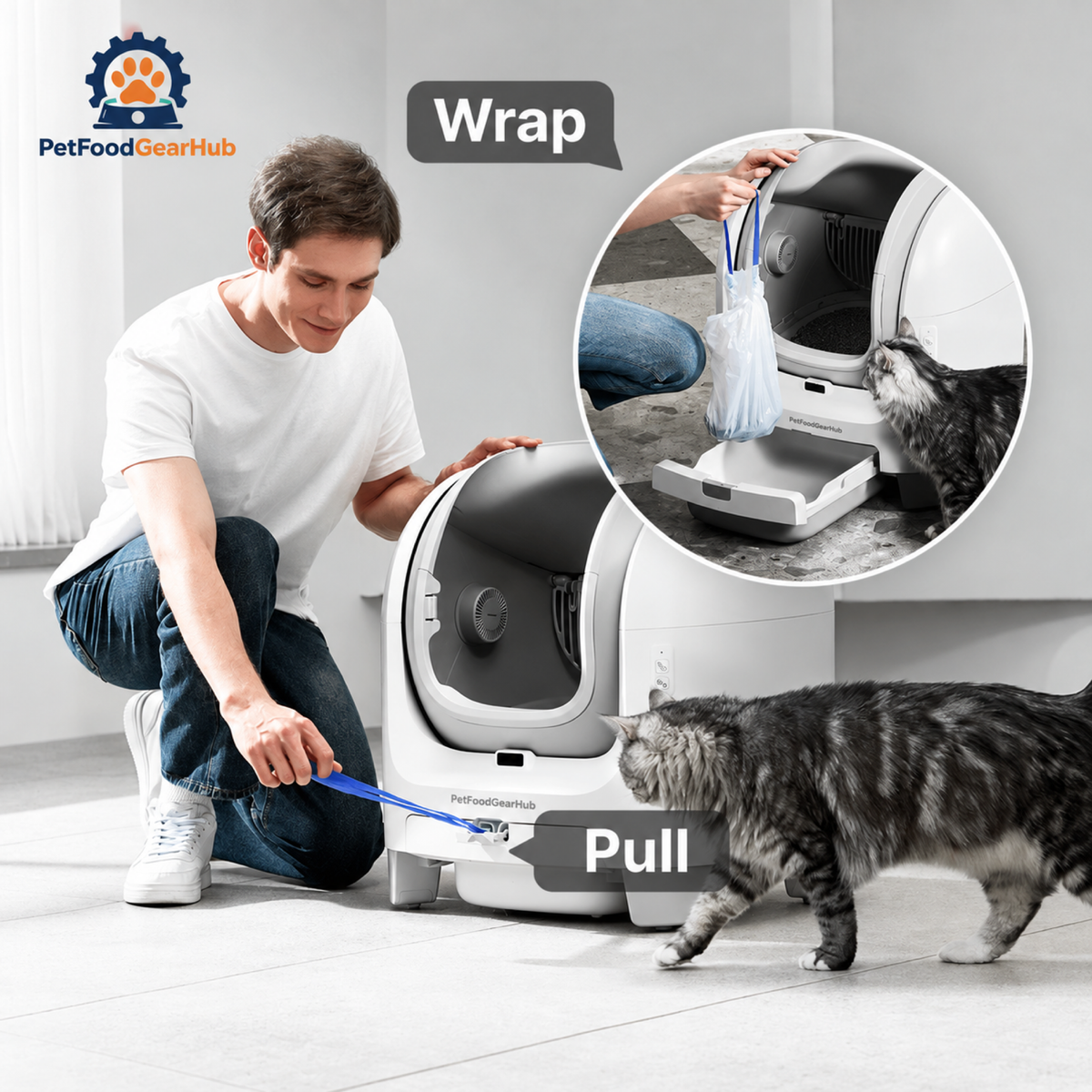 PetFoodGearHub C1 Open-Top Self-Cleaning Cat Litter Box - Waste bag removal