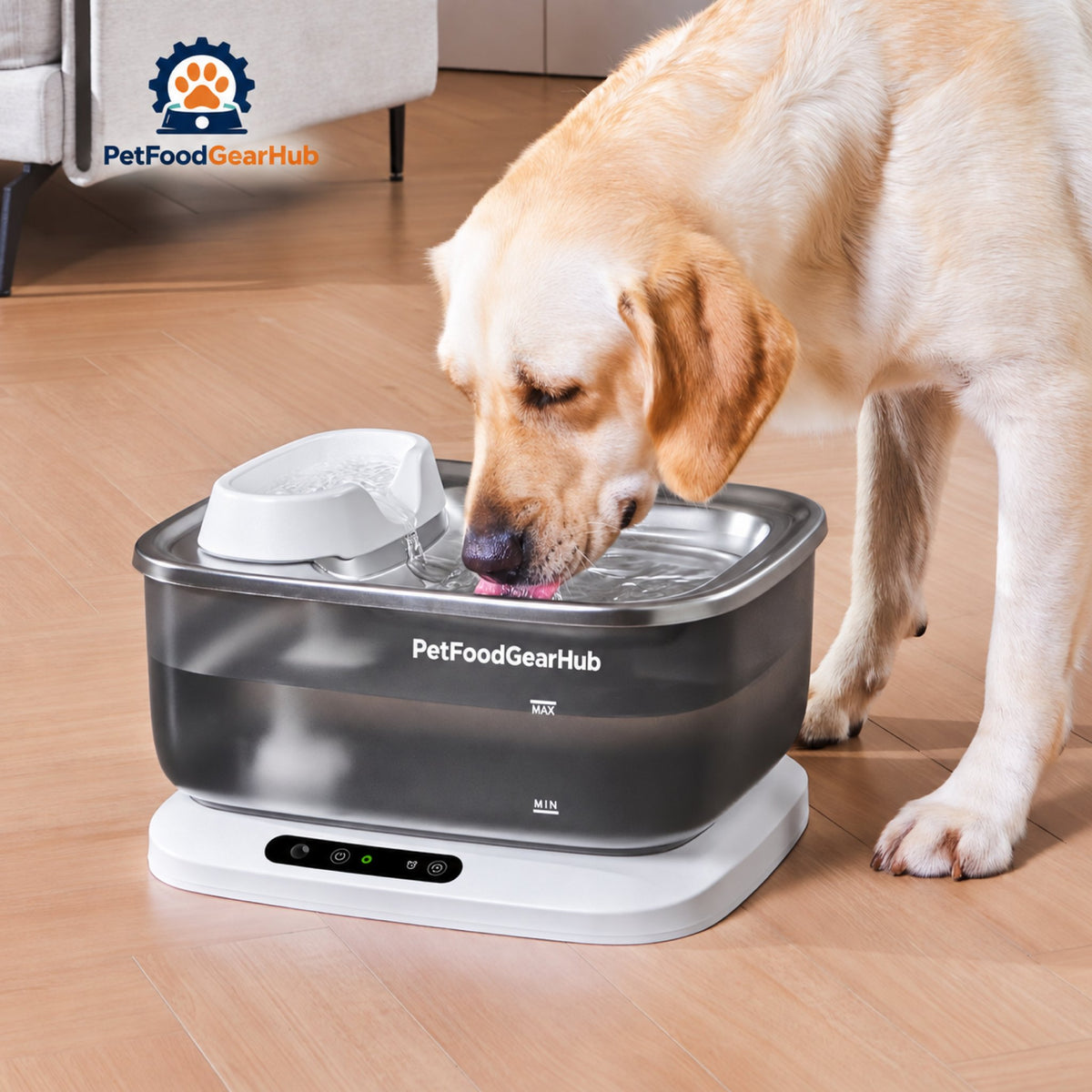 PetFoodGearHub F2 V2 Dog Fountain & M3 Smart Cat Feeder Bundle - Dog drinking from the fountain