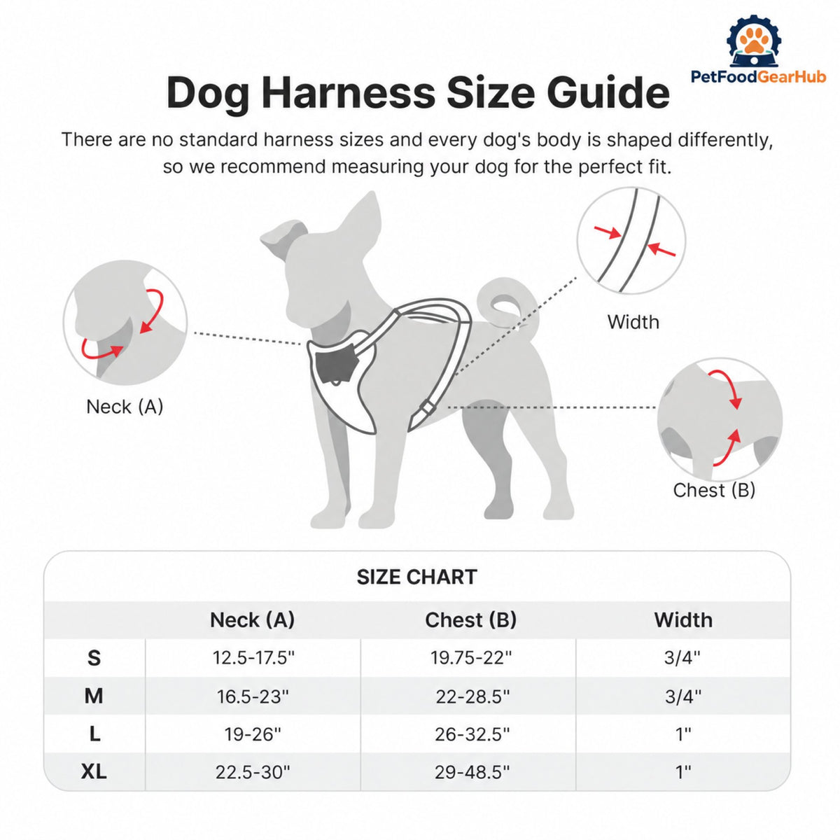 PetFoodGearHub Embroidered Jacquard Adjustable Dog Harness - Harness size chart
