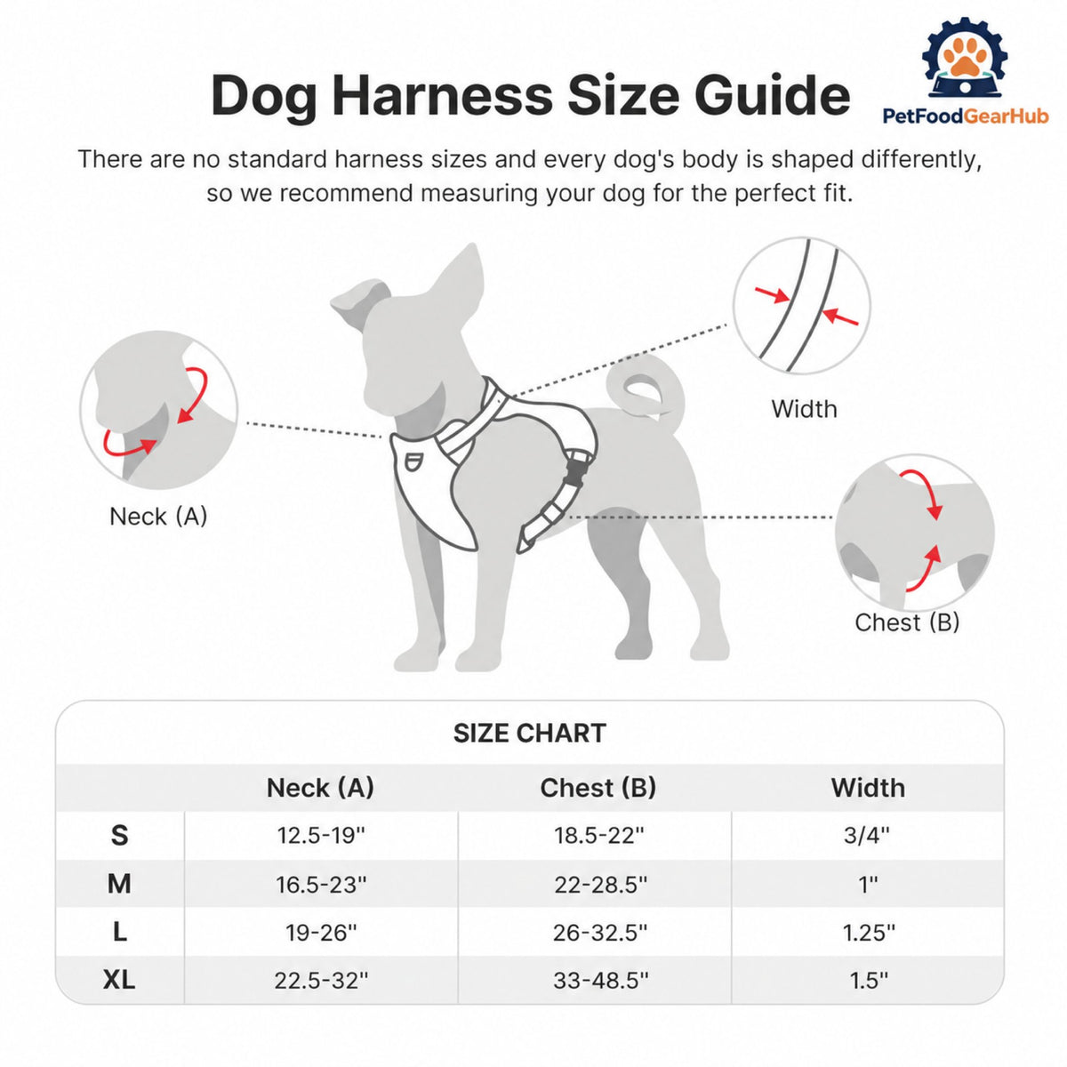 PetFoodGearHub Tactical Dog Harness and Leash Set with Waste Bag Holder - Harness size chart