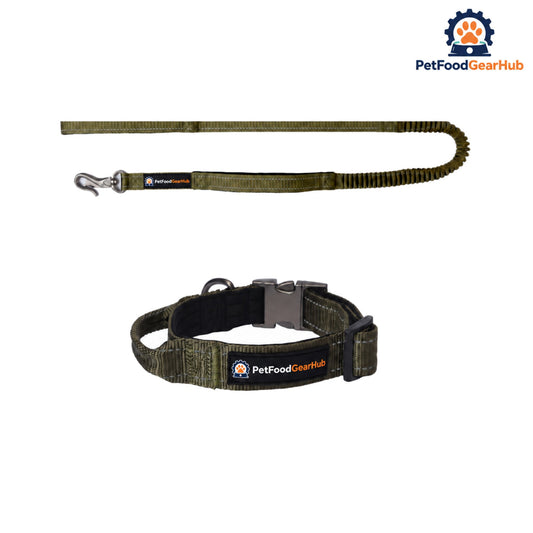 PetFoodGearHub Tactical Dog Collar and Leash Set with Control Handle - Army green collar and leash set