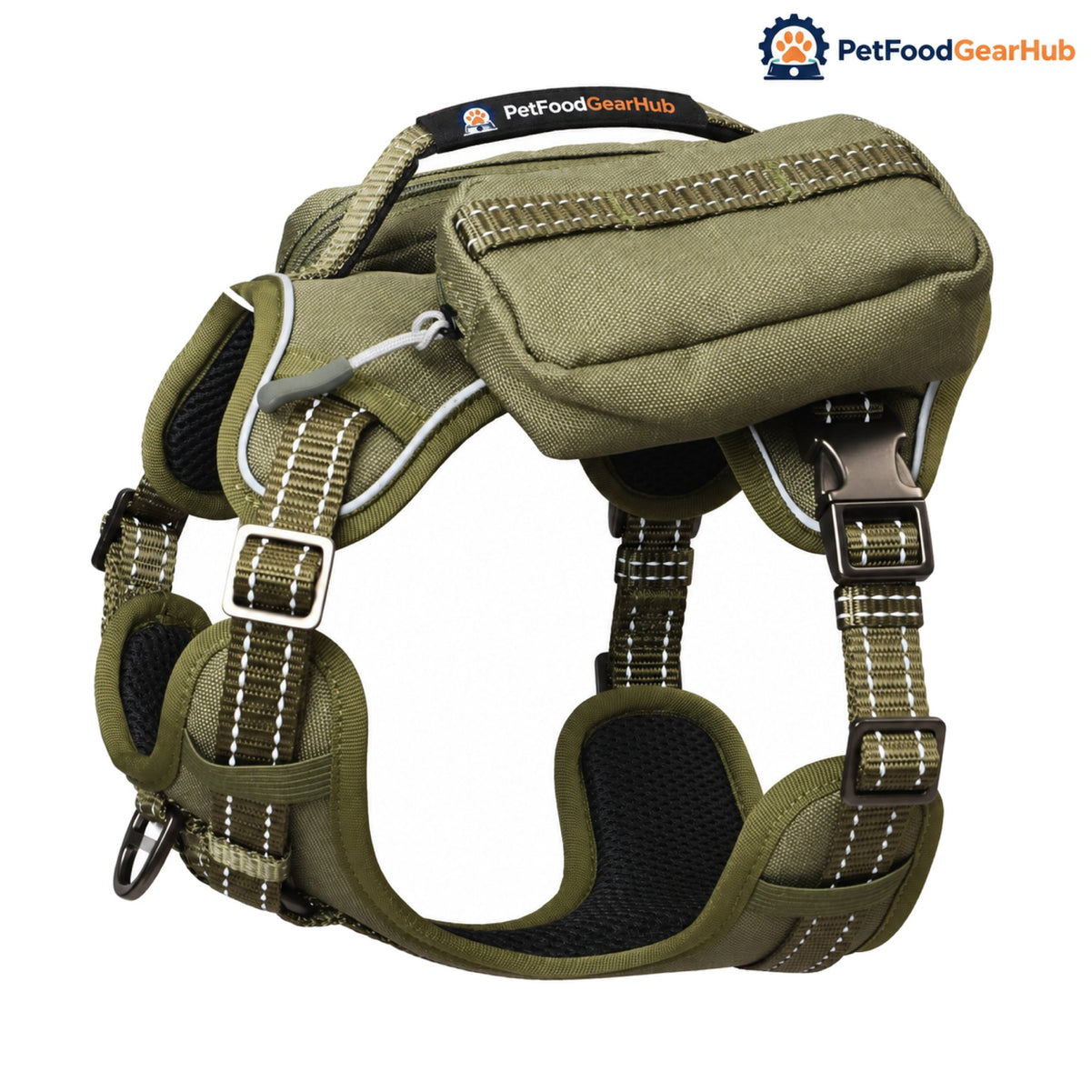 PetFoodGearHub Tactical Dog Harness with Removable Pockets - Army green harness with pockets