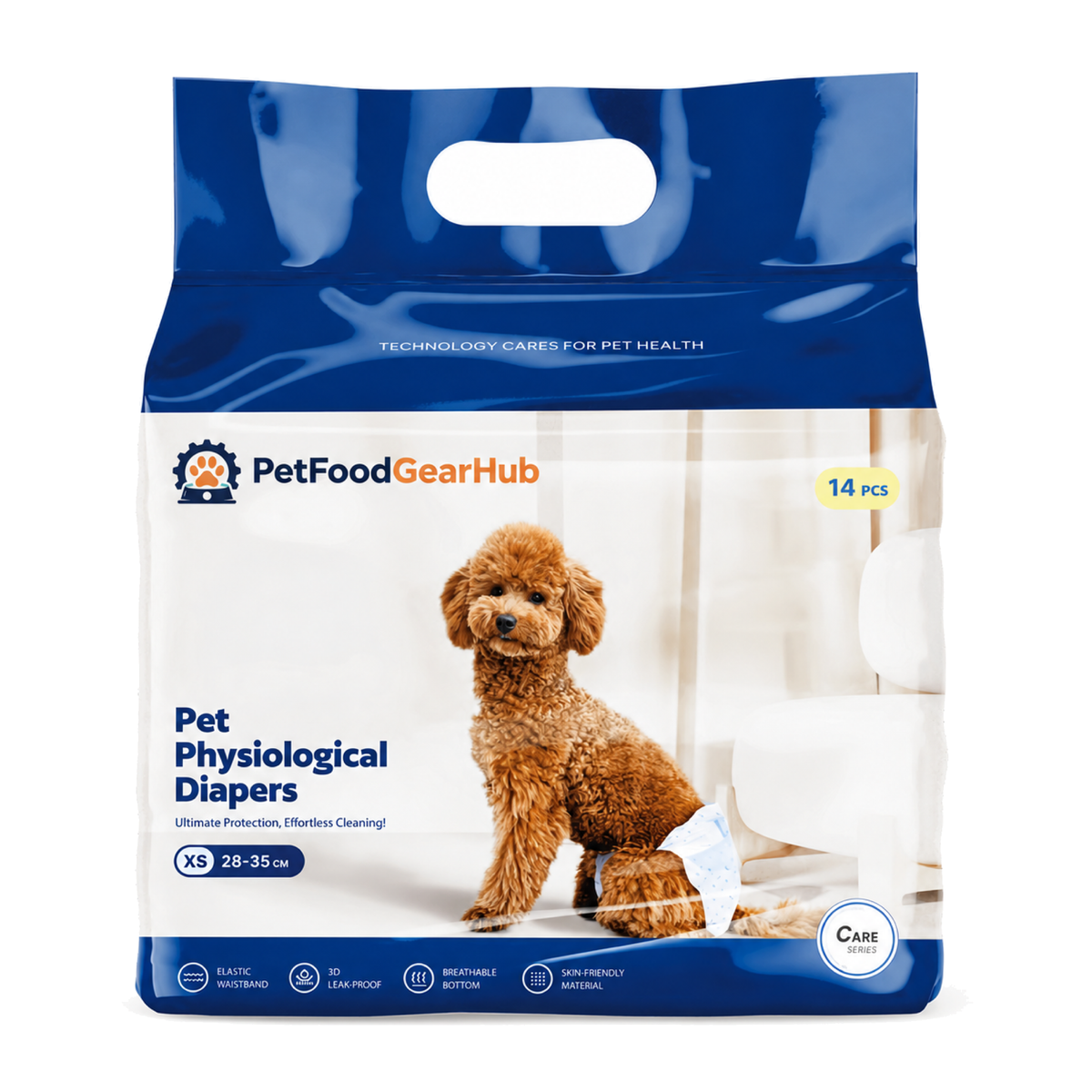 PetFoodGearHub Disposable Female Dog Diapers, XS, 14 Count - Diaper packaging