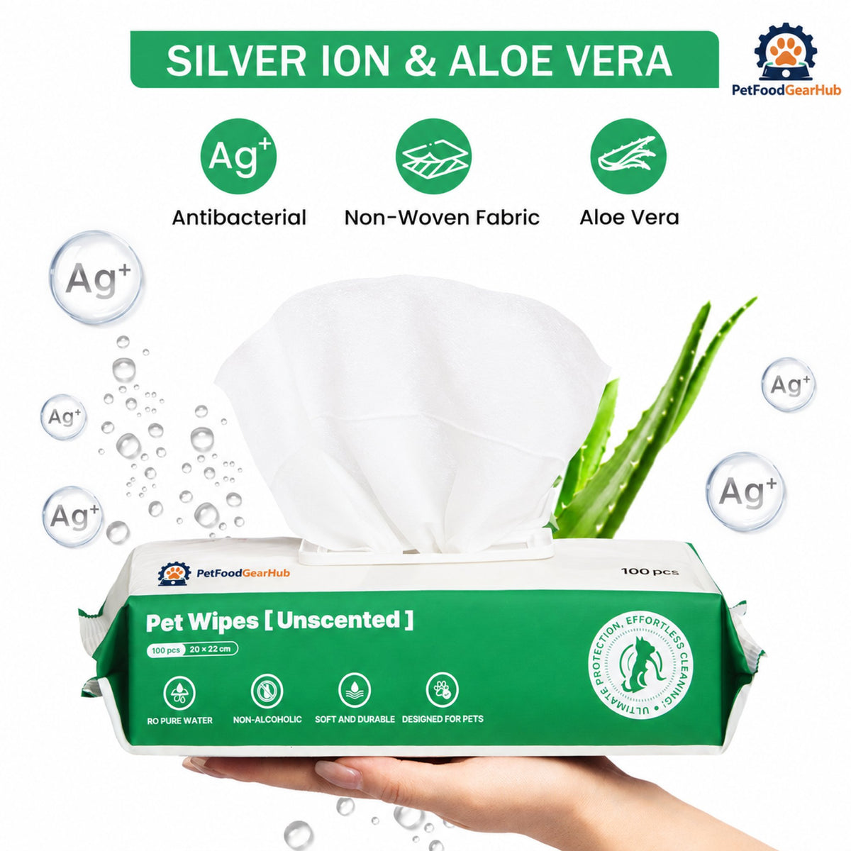 PetFoodGearHub Pet Grooming Wipes with Aloe Vera, 8 x 9 in - Wipe ingredients