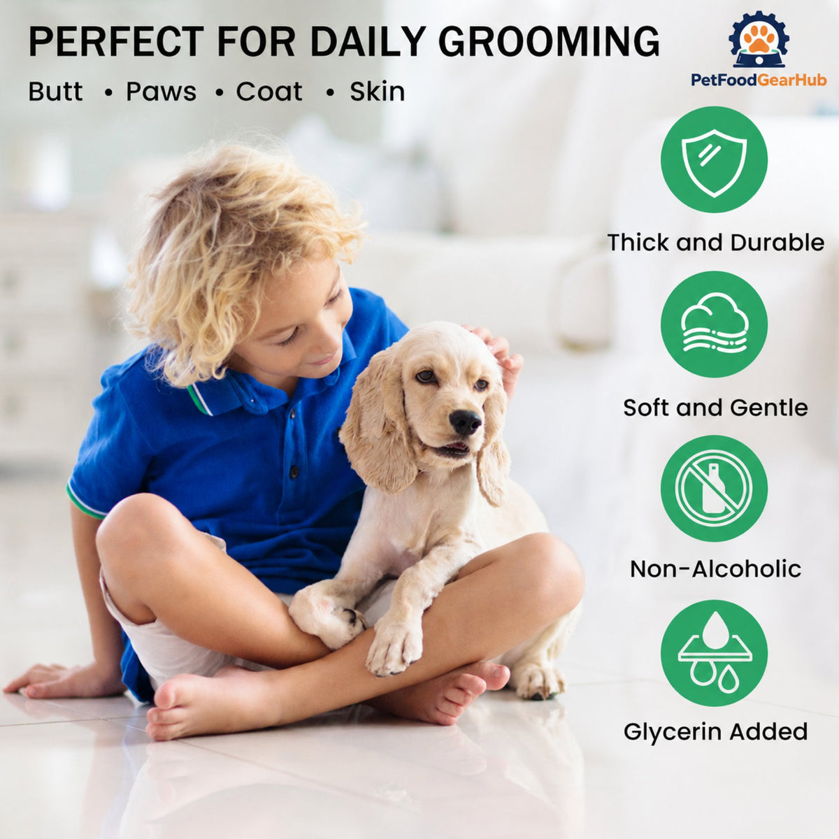 PetFoodGearHub Pet Grooming Wipes with Aloe Vera, 8 x 9 in - Wipe thickness and uses