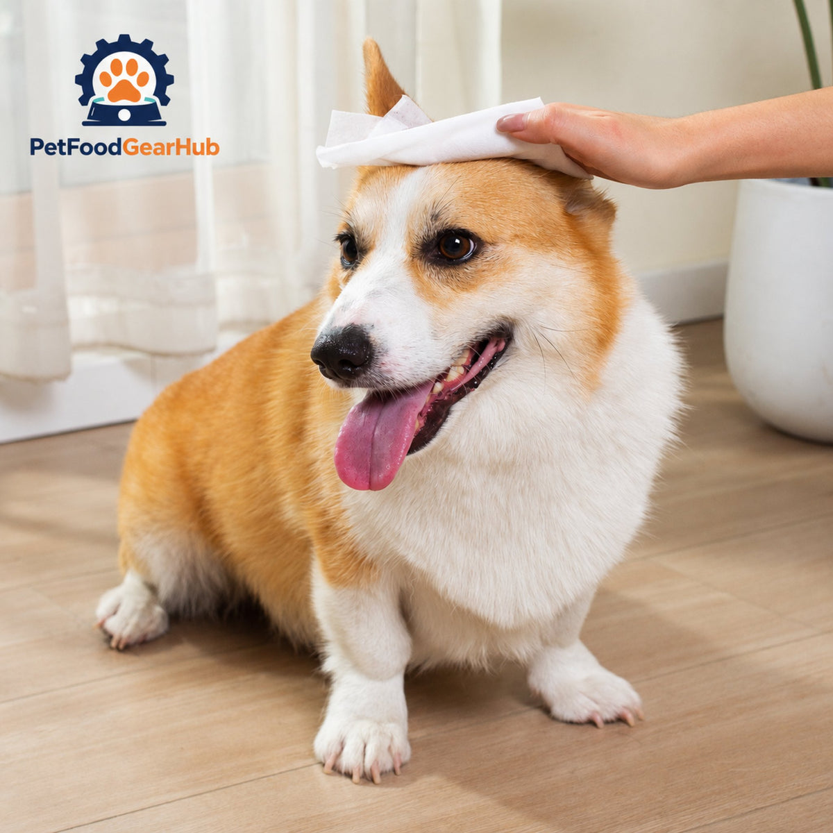 PetFoodGearHub Pet Grooming Wipes with Aloe Vera, 8 x 9 in - Dog beside the wipes