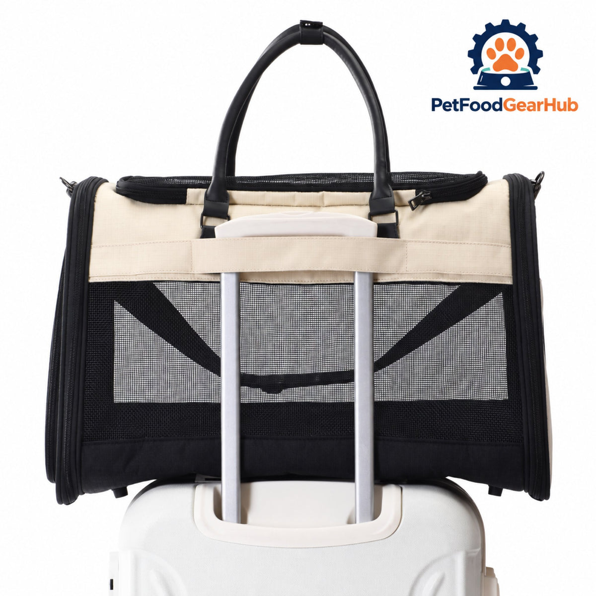 PetFoodGearHub Soft-Sided Cat Carrier with Mesh Panels - Carrier on a suitcase