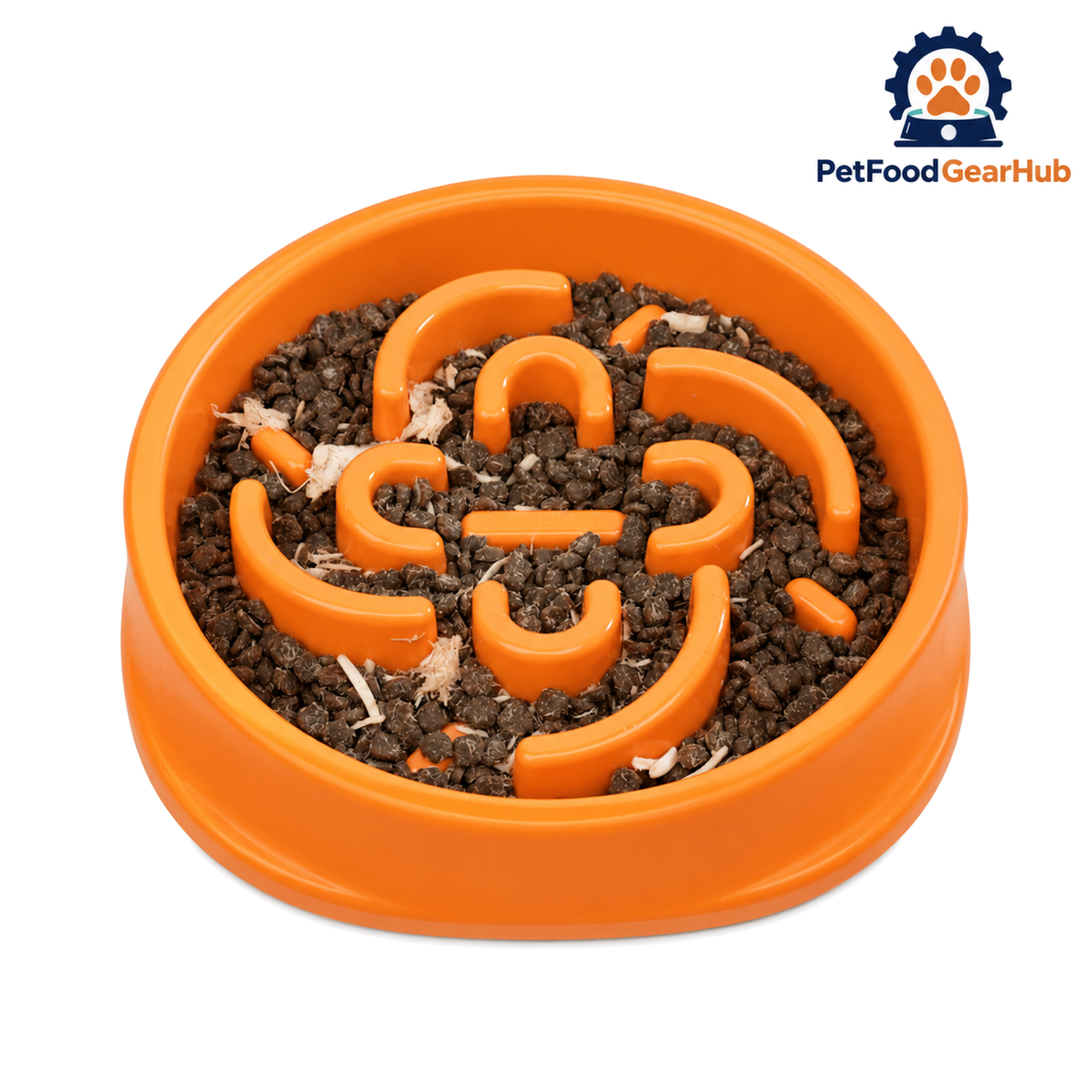 PetFoodGearHub Nonslip Slow Feeder Dog Bowl - Orange slow feeder with kibble