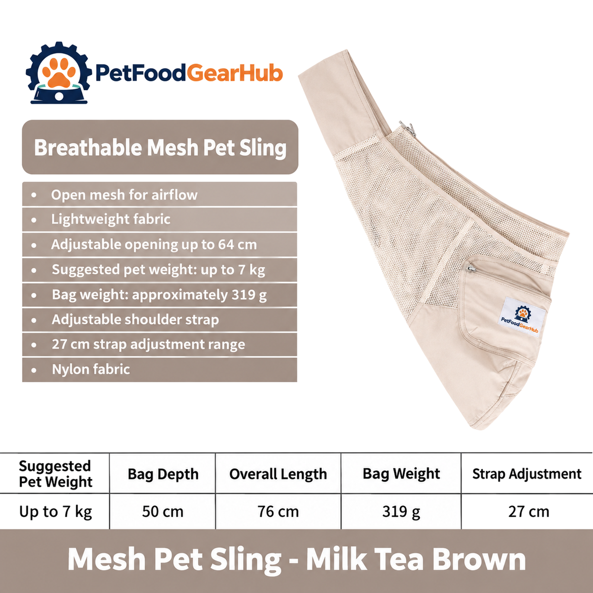 PetFoodGearHub Breathable Mesh Pet Sling - Milk Tea Brown - Breathable Mesh Pet Sling • Open mesh for airflow