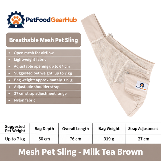 PetFoodGearHub Breathable Mesh Pet Sling - Milk Tea Brown - Breathable Mesh Pet Sling • Open mesh for airflow