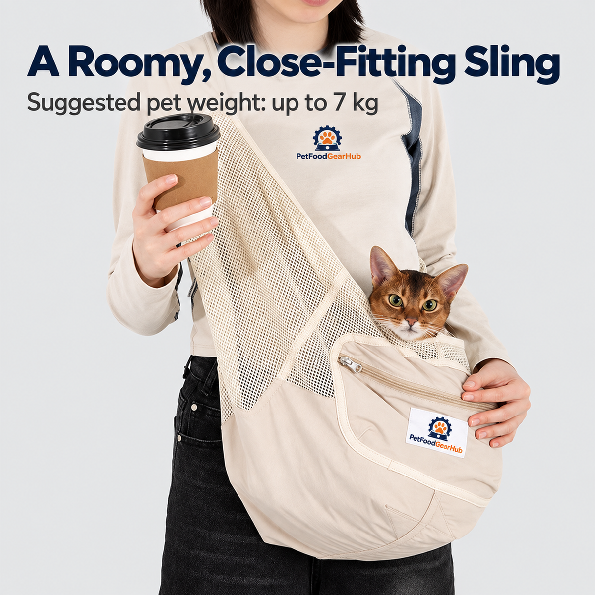 PetFoodGearHub Breathable Mesh Pet Sling - Milk Tea Brown - A Roomy, Close-Fitting Sling Suggested pet weight: up to 7 kg