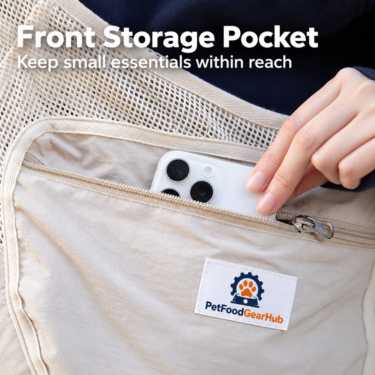 PetFoodGearHub Breathable Mesh Pet Sling - Milk Tea Brown - Front Storage Pocket Keep small essentials within reach