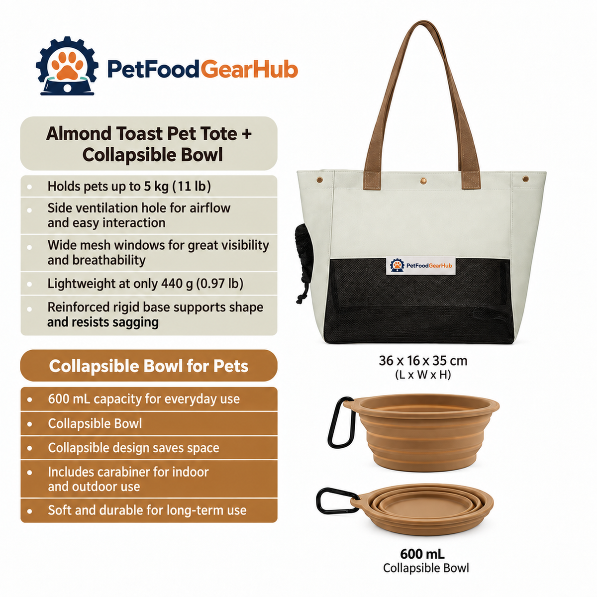 PetFoodGearHub Two-Tone Pet Tote Carrier - Almond Toast Pet Tote + Collapsible Bowl