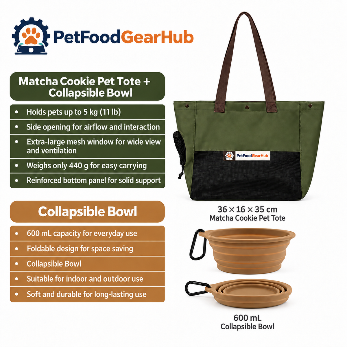 PetFoodGearHub Two-Tone Pet Tote Carrier - Matcha Cookie Pet Tote + Collapsible Bowl