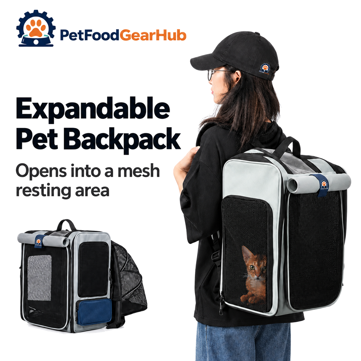 PetFoodGearHub Expandable Pet Backpack with Mesh Tent - Expandable Pet Backpack