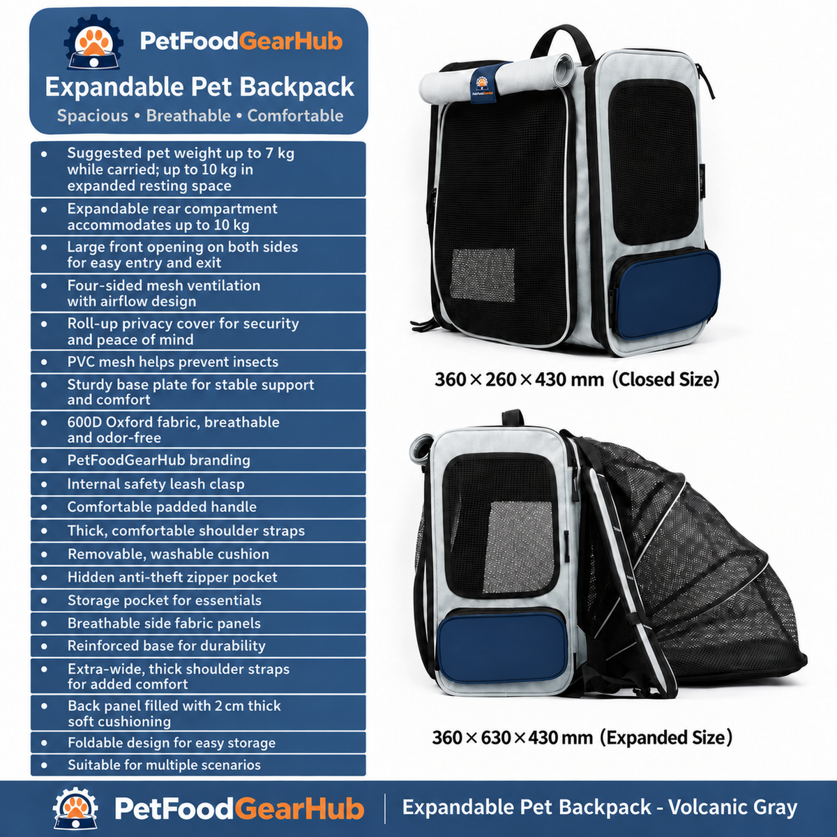 PetFoodGearHub Expandable Pet Backpack with Mesh Tent - Expandable Pet Backpack Spacious • Breathable • Comfortable
