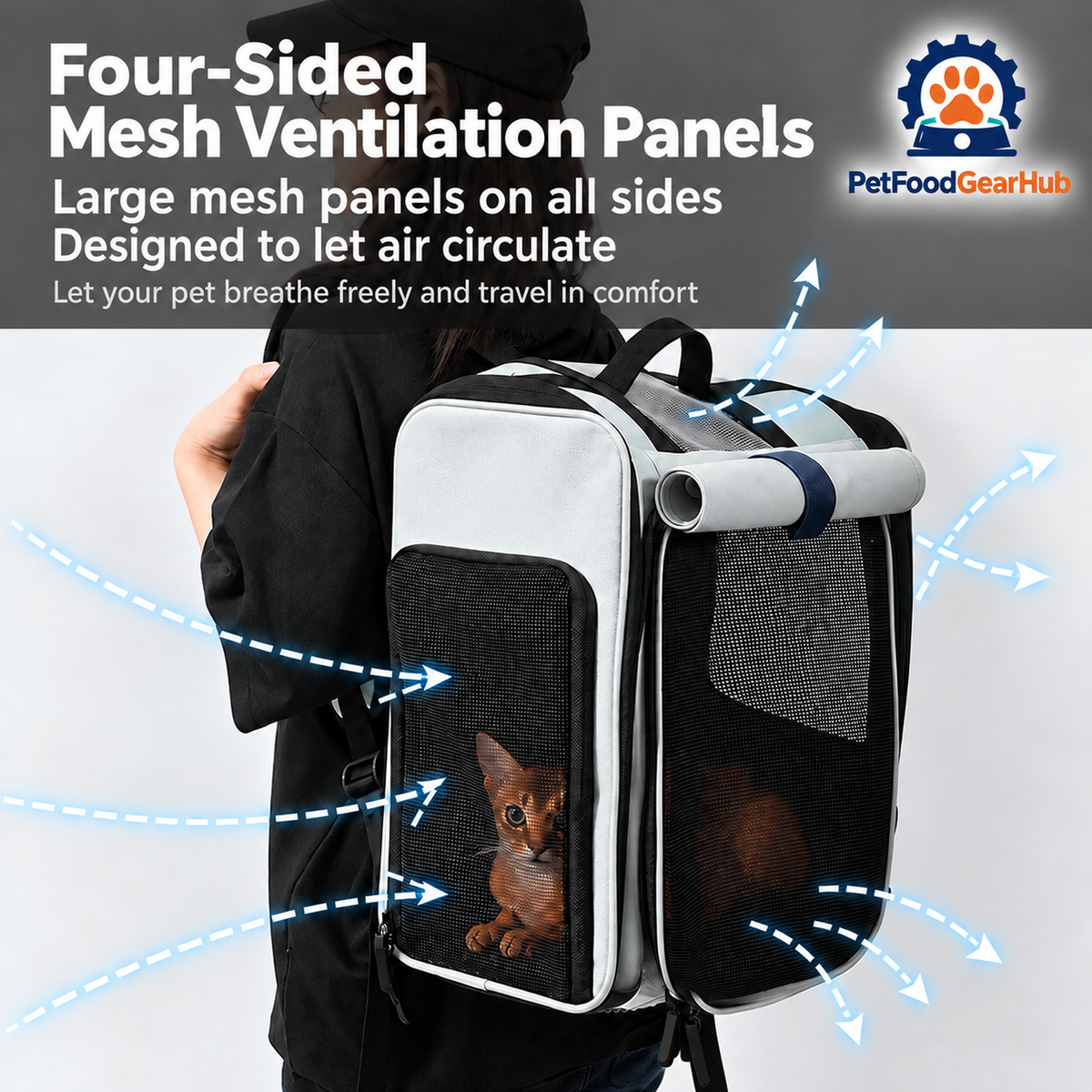 PetFoodGearHub Expandable Pet Backpack with Mesh Tent - Four-Sided Mesh Ventilation Panels