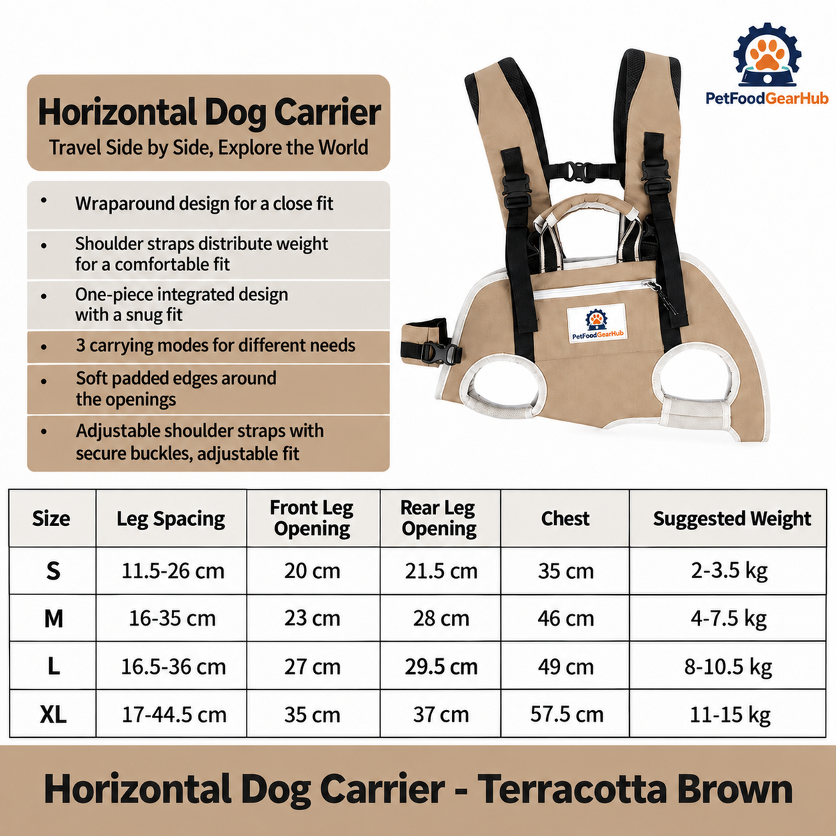 PetFoodGearHub Horizontal Dog Carrier Backpack - Terracotta Brown - Horizontal Dog Carrier Travel Side by Side, Explore the World