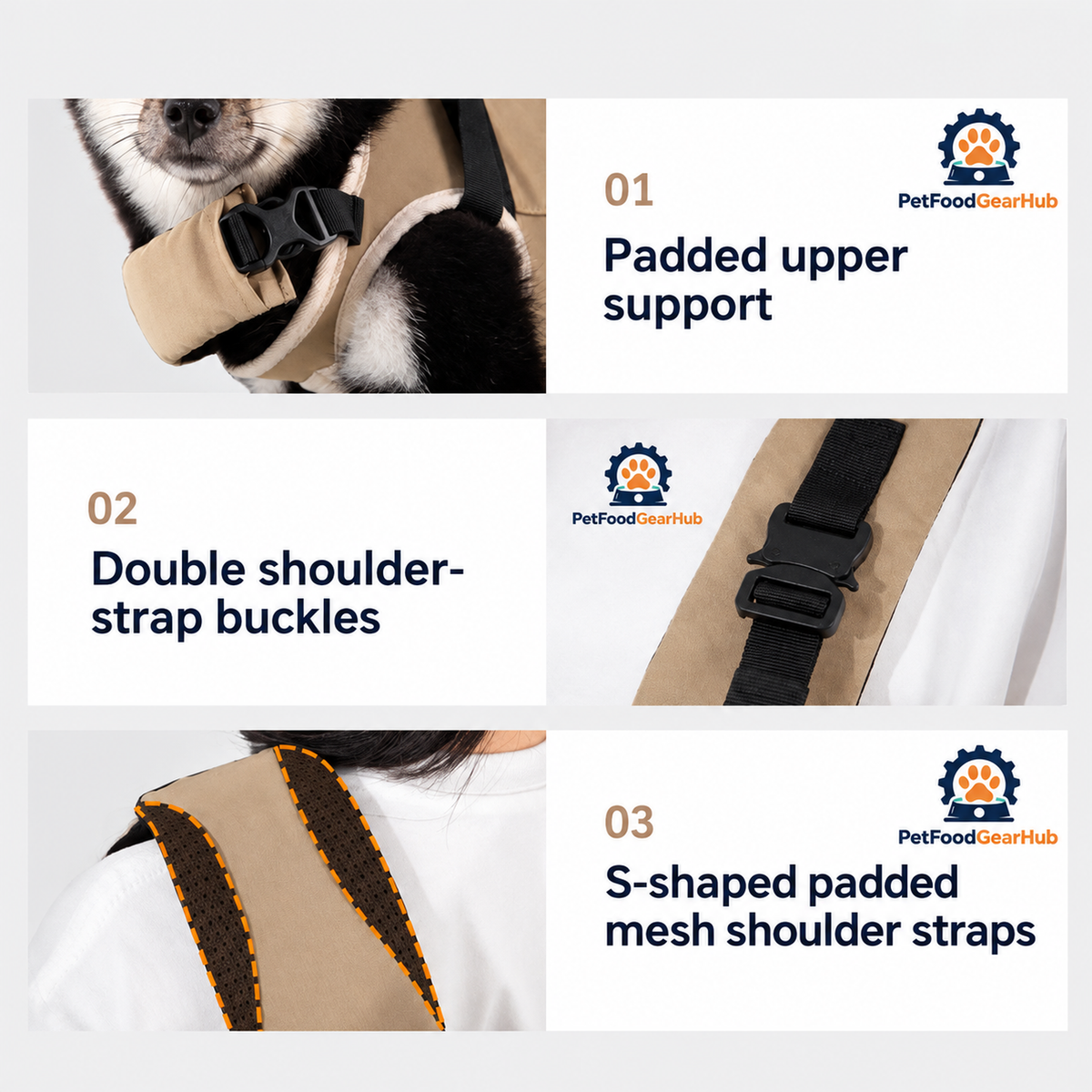 PetFoodGearHub Horizontal Dog Carrier Backpack - Terracotta Brown - Padded openings, adjustable buckles and mesh straps