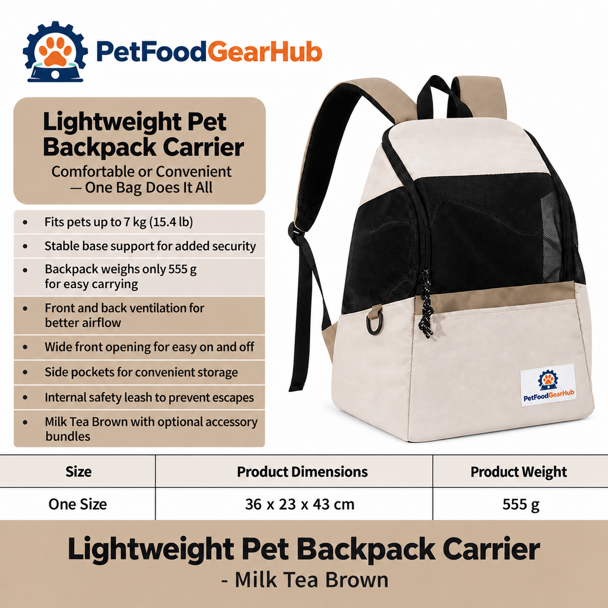 PetFoodGearHub Lightweight Pet Backpack - Milk Tea Brown - Lightweight Pet Backpack Carrier