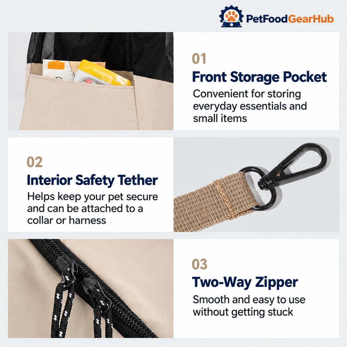 PetFoodGearHub Lightweight Pet Backpack - Storage pocket, interior tether and two-way zipper