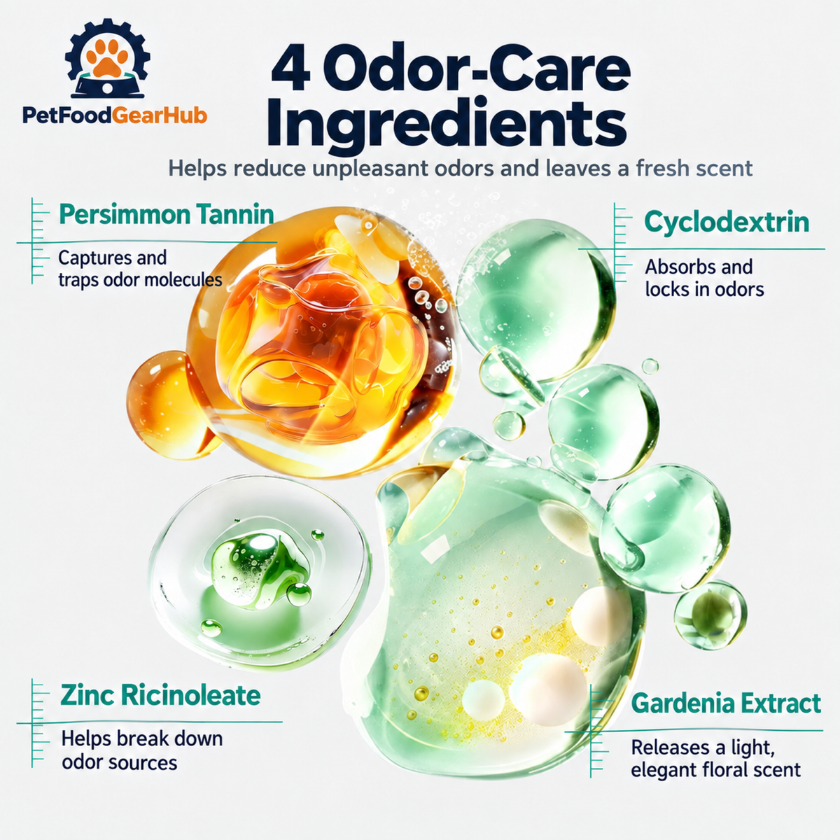 PetFoodGearHub Odor-Care Ingredients: Persimmon Tannin; Cyclodextrin; Zinc Ricinoleate; Gardenia Extract