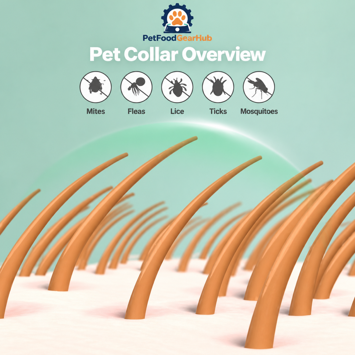 PetFoodGearHub pet collar overview with illustrated mites, fleas, lice, ticks and mosquitoes