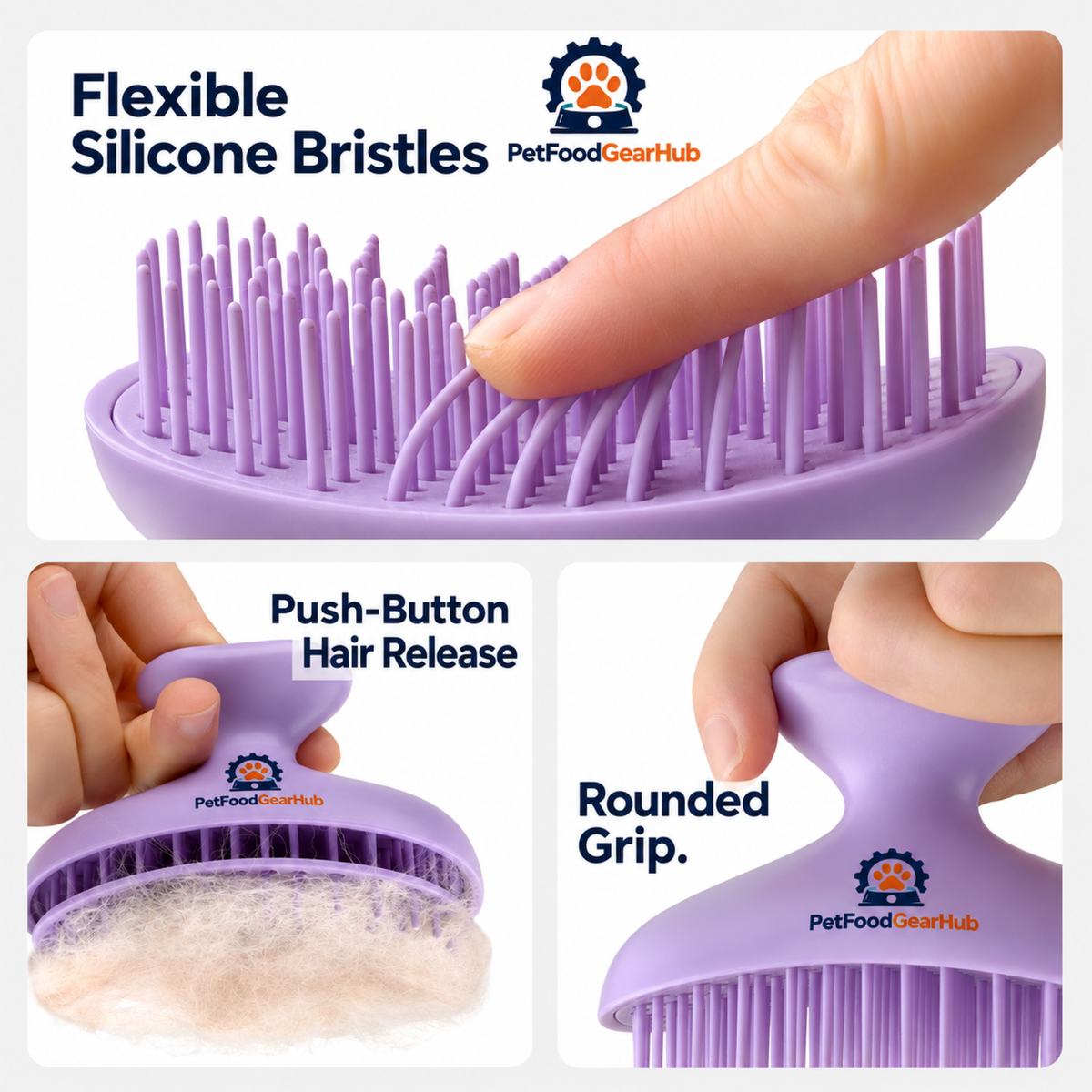 PetFoodGearHub Flexible Silicone Bristles; Push-Button Hair Release; Rounded Grip